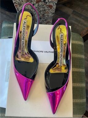 Alexandre Vauthier Avi Slingback Pumps Fuchsia Metallic Black Patent Sz US 6.5